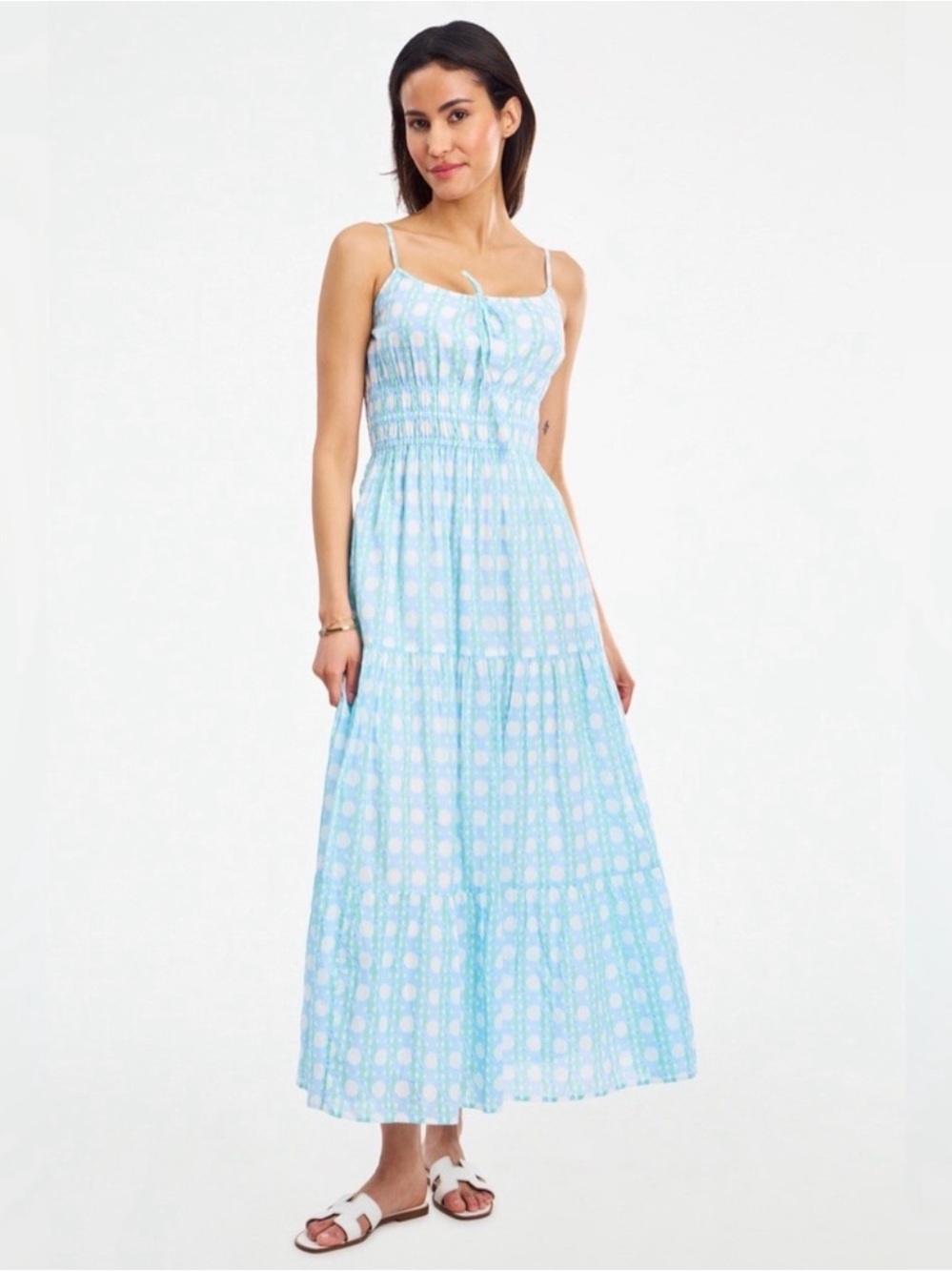 Delia Maxi Dress Blue White Cotton Smocked Sundress Size S